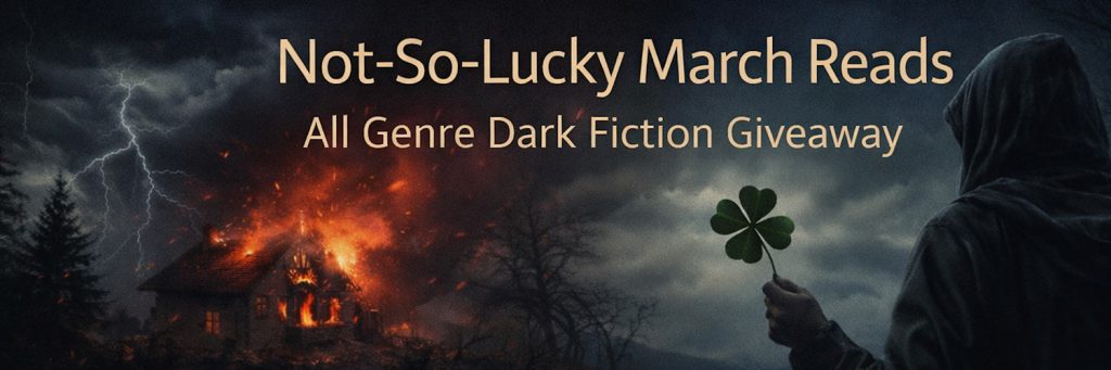 Hooded figure with a clover and some flames in the distance.